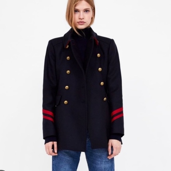 ZARA Navy Double-Breasted Military Wool blend Coat sz M - Picture 1 of 12